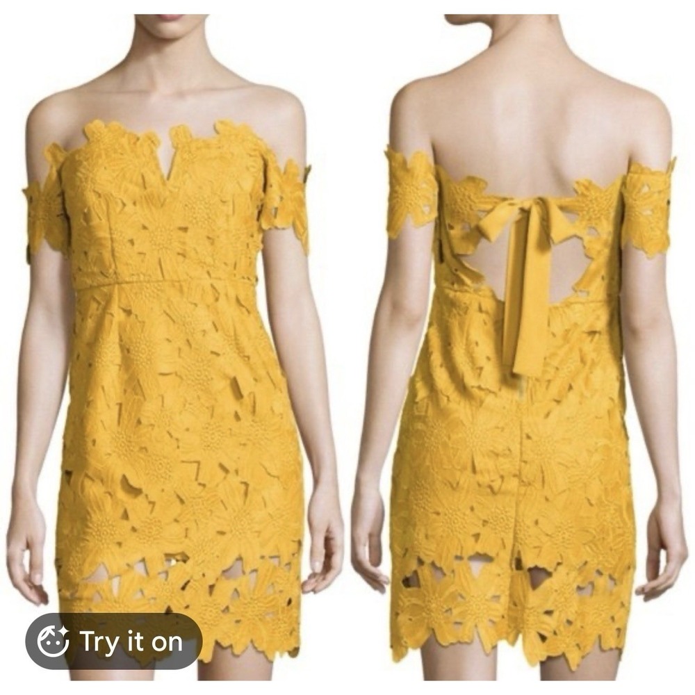 Few Moda Yellow Floral Guipure Lace Mini Dress Size M Off Shoulder Tie Back